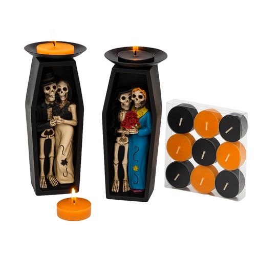 Grand Bougeoir Halloween 18cm En Forme De Cercueil Avec Squelettes Couleur Aléatoire Et 9 Bougies Ch