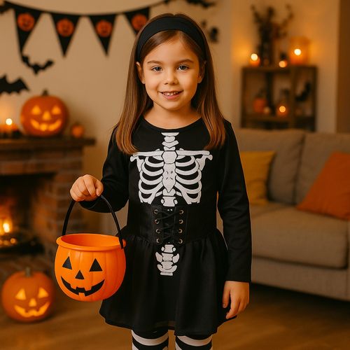 Déguisement Halloween Fille Squelette Noir Et Blanc – Ensemble Complet 8 / 10 Ans