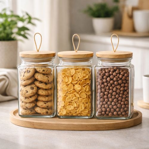 Set De 3 Bocaux En Verre 1500 Ml Avec Couvercle Hermétique En Bois