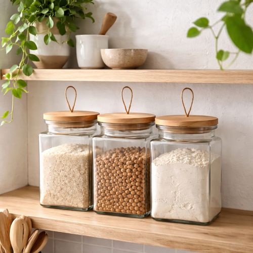 Set De 3 Bocaux En Verre 1500 Ml Avec Couvercle Hermétique En Bois