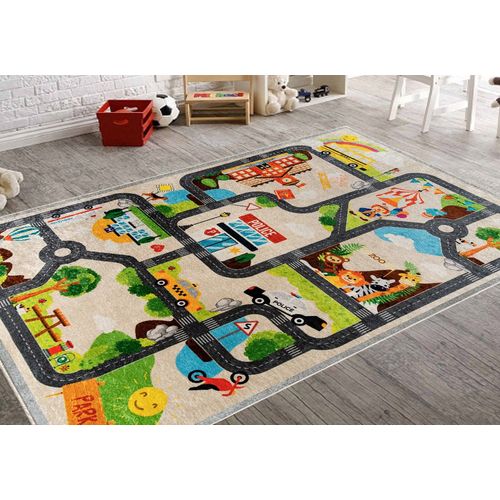 Tapis Enfant Circuit De Voiture - Beige - 80x150cm