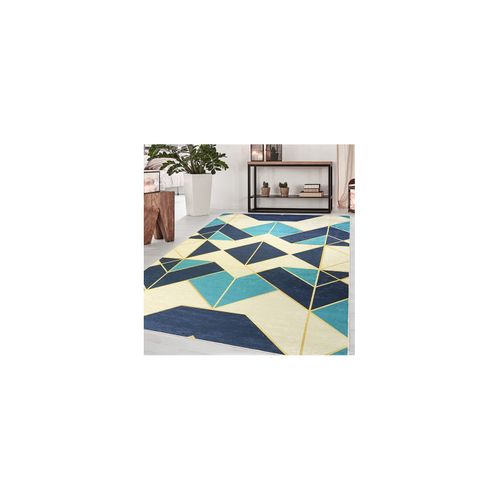 Tapis De Couloir Triangle Bleu Beige - 80x150cm