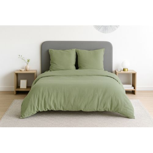 Parure De Lit Uni 2 Personnes Micro Lavée, Vert Olive, 260x240cm