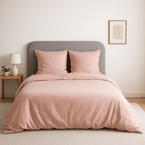 Parure De Lit Uni 2 Personnes Micro Lavée, Rose Poudré, 240x220cm