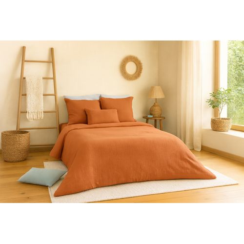 Parure De Lit Uni 2 Personnes Gaze De Coton, Camel, 260x240cm