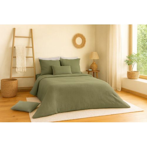 Parure De Lit Uni 2 Personnes Gaze De Coton, Kaki, 240x220cm