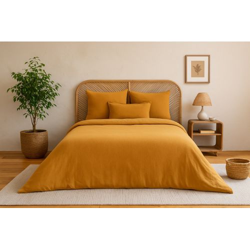 Parure De Lit Uni 2 Personnes Gaze De Coton, Miel, 240x220cm