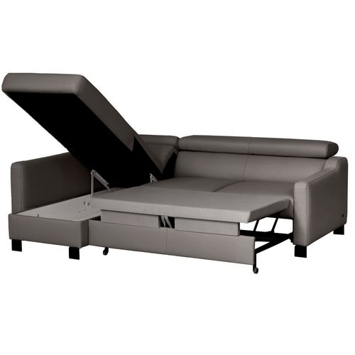 Canapé D'angle Convertible Cuir Italien 5 Places Bruce, Coffre, Gris Foncé, Angle Gauche