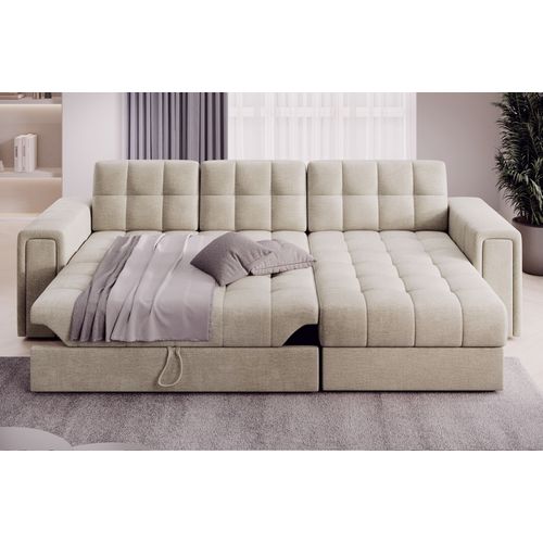 Canapé D'angle Convertible, Blendo - En Velours Luxe Beige Clair, 4 Places, Angle Droit