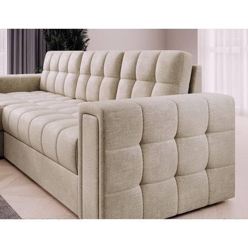 Canapé D'angle Convertible, Blendo  En Velours Luxe Beige Clair, 4 Places, Angle Gauche