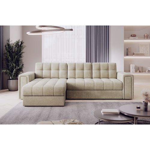 Canapé D'angle Convertible, Blendo  En Velours Luxe Beige Clair, 4 Places, Angle Gauche