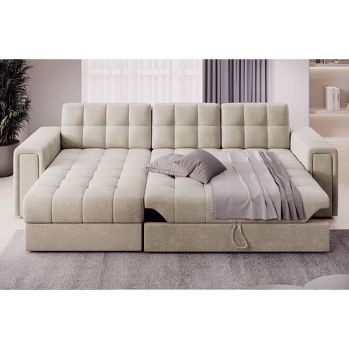 Canapé D'angle Convertible, Blendo  En Velours Luxe Beige Clair, 4 Places, Angle Gauche