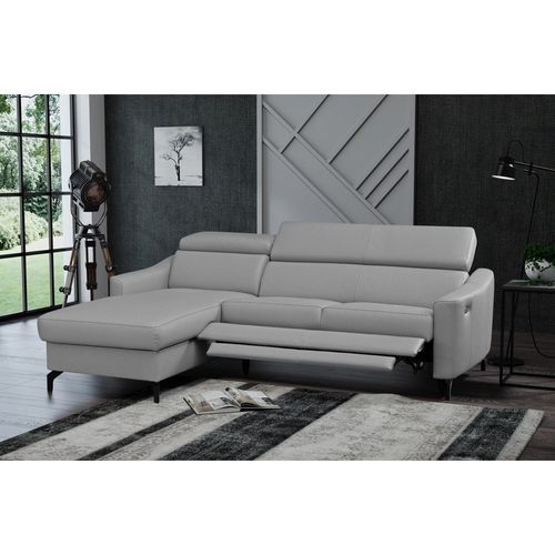 Canapé D'angle Relax Cuir Luxe Italien, Relax Électrique Et Coffre Ambert, Gris Clair, Angle Gauche
