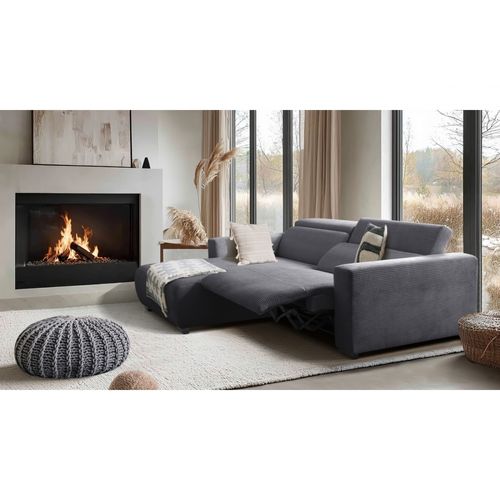 Canapé D'angle Avec Relax Électrique En Velours Cotelé Revano, Gris Foncé, Angle Gauche