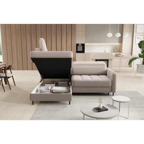 Canapé D'angle Convertible En Velours Beige Luxe 3 Places Bartoli, Angle Gauche
