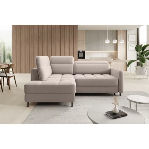 Canapé D'angle Convertible En Velours Beige Luxe 3 Places Bartoli, Angle Gauche