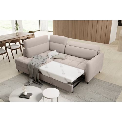 Canapé D'angle Convertible En Velours Beige Luxe 3 Places Bartoli, Angle Gauche