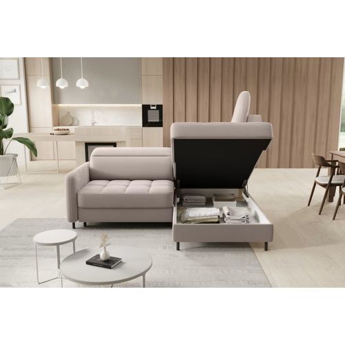 Canapé D'angle Convertible En Velours Beige Luxe 3 Places Bartoli, Angle Droite