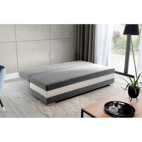 Canapé 3 Places Convertible Tissu Gris Et Simili Blanc, Coffre, Calin