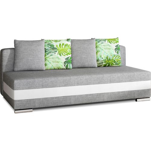 Canapé 3 Places Convertible Tissu Gris Et Simili Blanc, Coffre, Calin