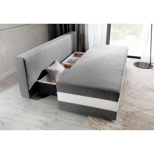 Canapé 3 Places Convertible Tissu Gris Et Simili Blanc, Coffre, Calin