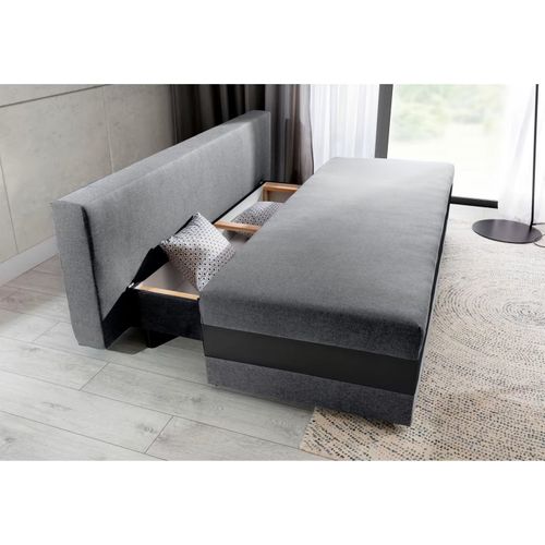 Canapé 3 Places Convertible Tissu Gris Et Simili Noir, Coffre, Calin