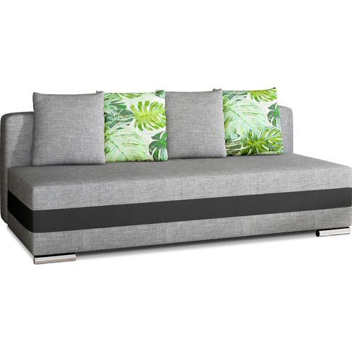 Canapé 3 Places Convertible Tissu Gris Et Simili Noir, Coffre, Calin