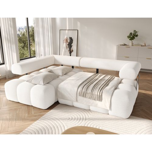 Canapé D'angle Convertible Tissu Bouclette Blanc Cassé 5 Places Leoni, Angle Gauche