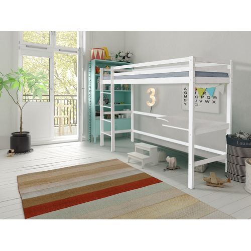 Lit Enfant Mezzanine Avec Echelle Réversible Et Bureau "angéla" 90 X 190 Cm - Blanc