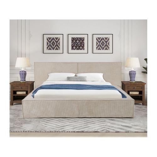 Lit Coffre En Velours Côtelé "courchevel" - 180 X 200 Cm - Beige