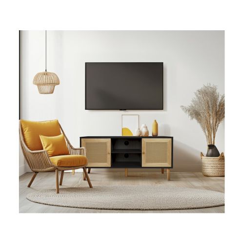 Meuble TV Scandinave En Cannage "iguane" - 120 X 30 X 56.5 Cm - Noir