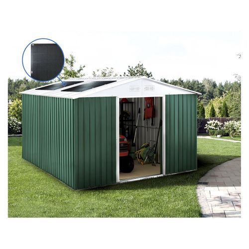 Abri De Jardin Métal - "rosas " - 10,85 M² Avec Panneaux Solaires - Vert