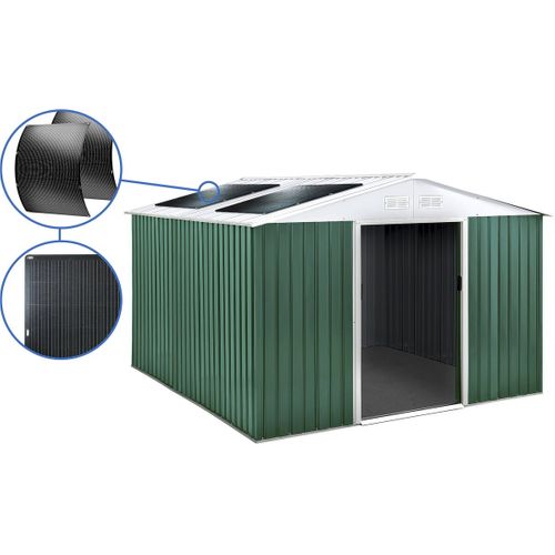 Abri De Jardin Métal - "rosas " - 10,85 M² Avec Panneaux Solaires - Vert