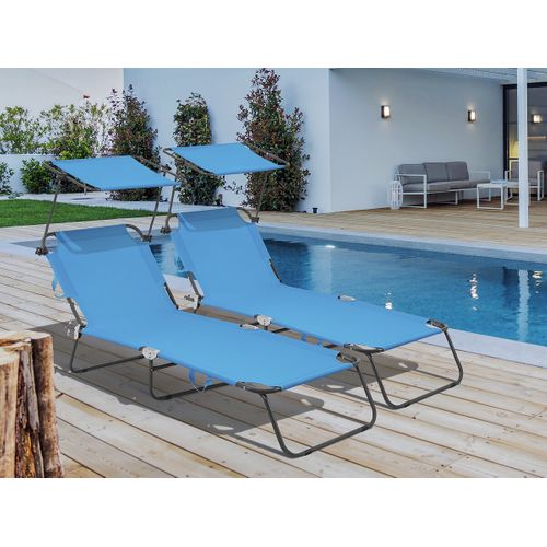 Lot De 2 Bains De Soleil Pliable "lazy" - Avec Pare Soleil - Bleu