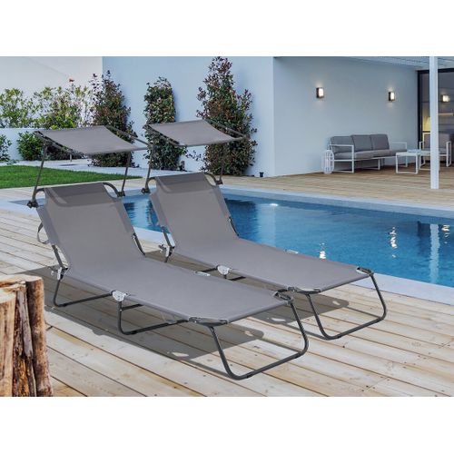 Lot De 2 Bains De Soleil Pliable "lazy" - Avec Pare Soleil - Gris
