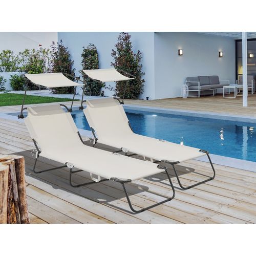 Lot De 2 Bain De Soleil Pliable "lazy" - Avec Pare Soleil - Beige