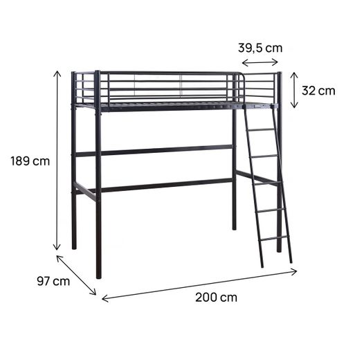 Lit Mezzanine En Métal "alora" - 90 X 190 Cm - Noir