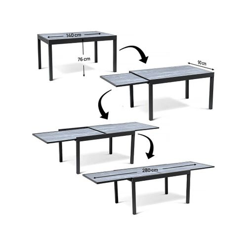 Table Extensible Et Chaises De Jardin En Aluminium "lagos" - 140/280 X 90 X 76 Cm - 10 Places - Gris