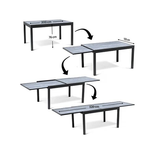 Salon De Jardin Repas "Lagos" - Table Extensible 200/320 X 105 X 76 Cm - 10 Chaises - Noir