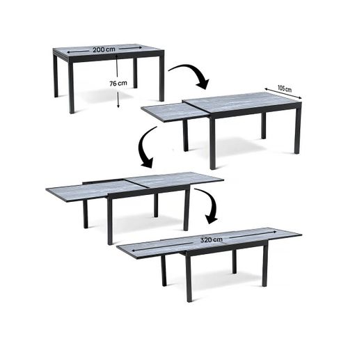 Salon De Jardin Repas "Lagos" - Table Extensible 200/320 X 105 X 76 Cm - 12 Chaises - Noir