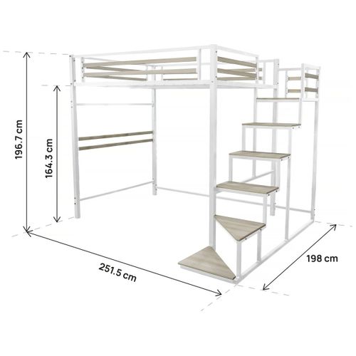 Lit Mezzanine En Métal Avec Escalier "lena" - 140 X 190 Cm - Blanc