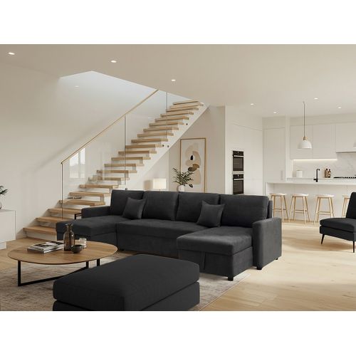 Canapé Panoramique Convertible Avec Coffres De Rangement "antoine" - 5 Places - Gris Foncé