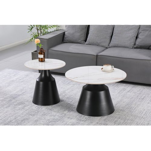 Lot De 2 Tables Basses Gigognes En Céramique "vulca" - 70 X 70 X 43 Cm - Blanc