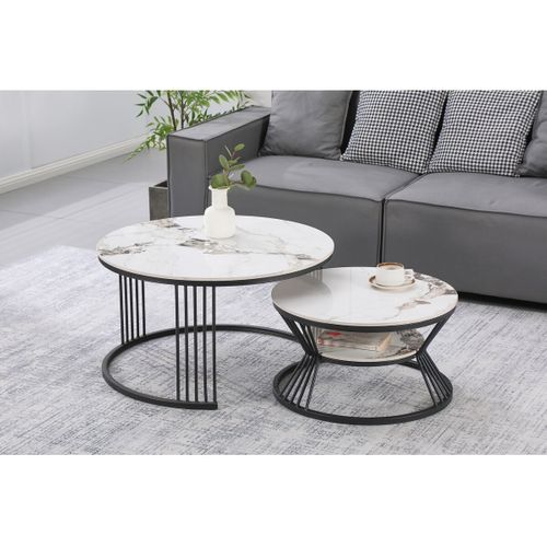 Lot De 2 Tables Basses Gigognes En Céramique "ombre" - 80 X 80 X 45 Cm - Blanc