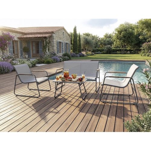 Salon De Jardin En Métal Avec Décor Imitation Bois "sparta" - 4 Places - Gris Clair