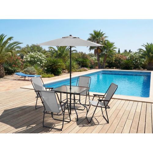Table Et Chaises De Jardin Avec Parasol En Métal "convivia" - 4 Places - Gris Clair