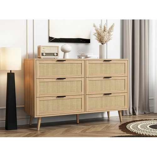 Commode En Bois Et Cannage "preston" - 120 X 40 X 75 Cm - Beige