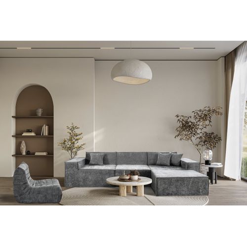 Canapé Droit Modulable Avec Ottoman En Tissu Texturé "lusso" - 4 Places - Gris