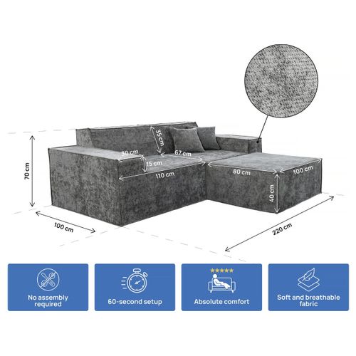 Canapé Compressé Avec Ottoman En Tissu Texturé "lusso" - 3 Places - Gris