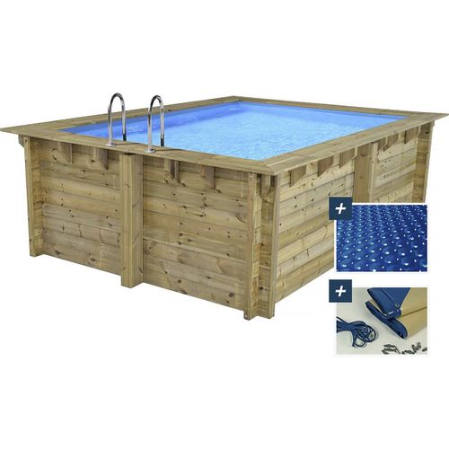 Piscine Bois Rectangle " Maldives  " - 3.20 X 3.20 X 1.24  M + Bâche à Bulles 180 Μ - Bâche Hiver 28